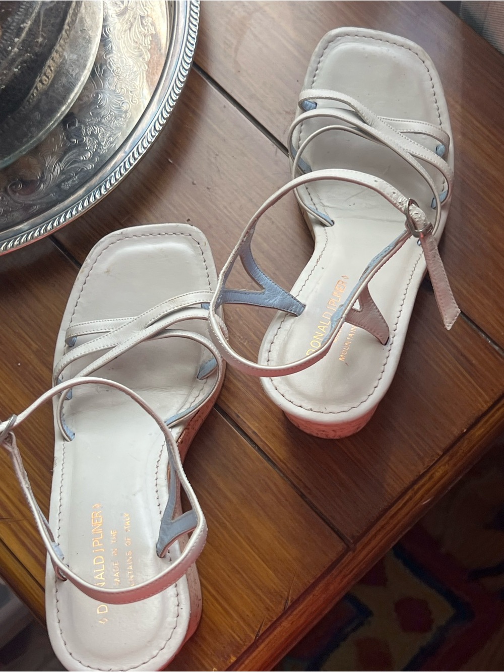 Donald J. Pliner Cream and Light Blue Strappy Square-Toe Sandals